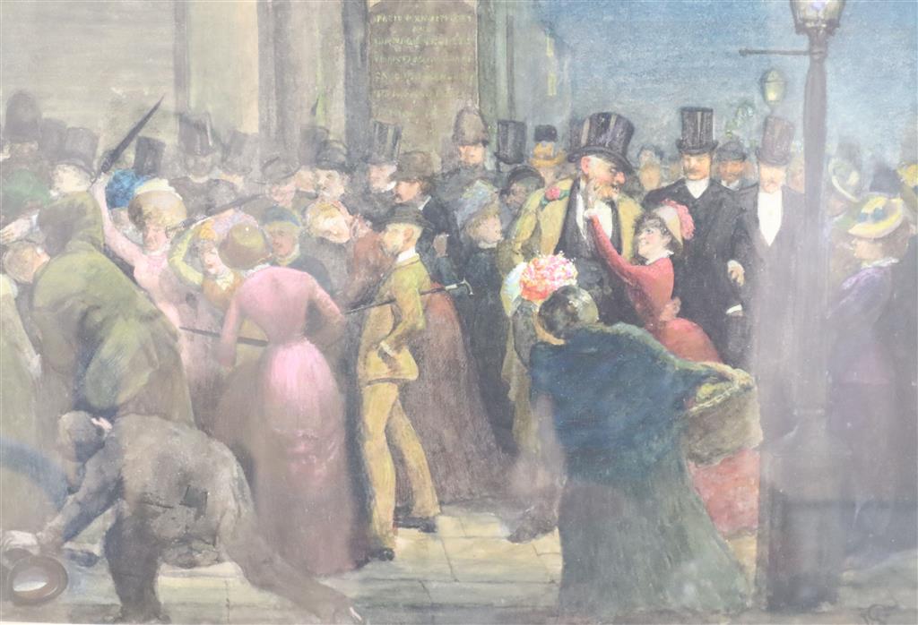 William Strutt (1825-1915), watercolour, Suffragettes protesting in a crowd of gentleman, monogrammed, 24 x 34cm